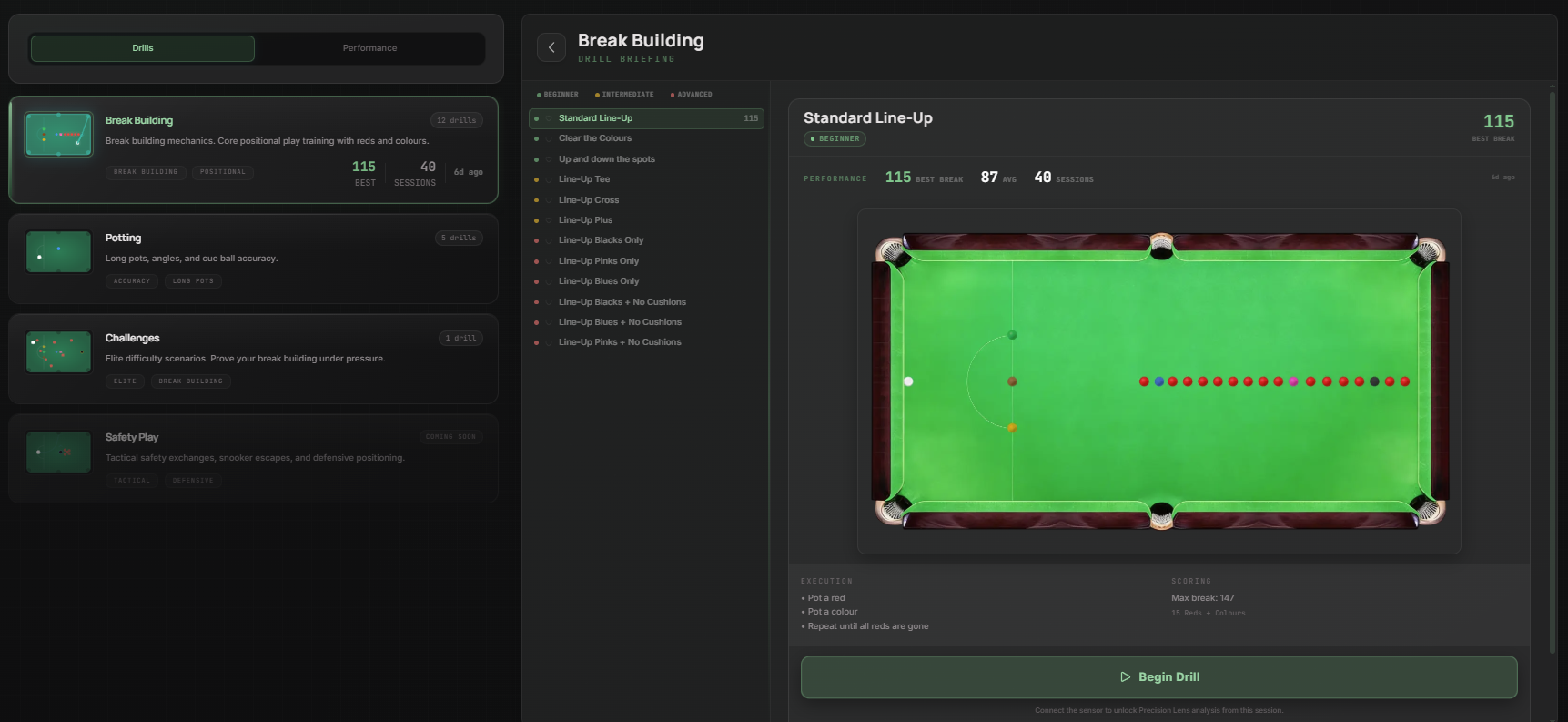 CueVision training system showing drills, drill briefing, and snooker table preview